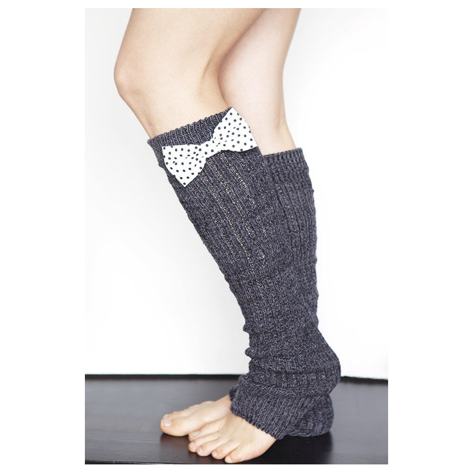 Dark Gray Knit Leg Warmers with Polka Dot Bow by MinitaStudio