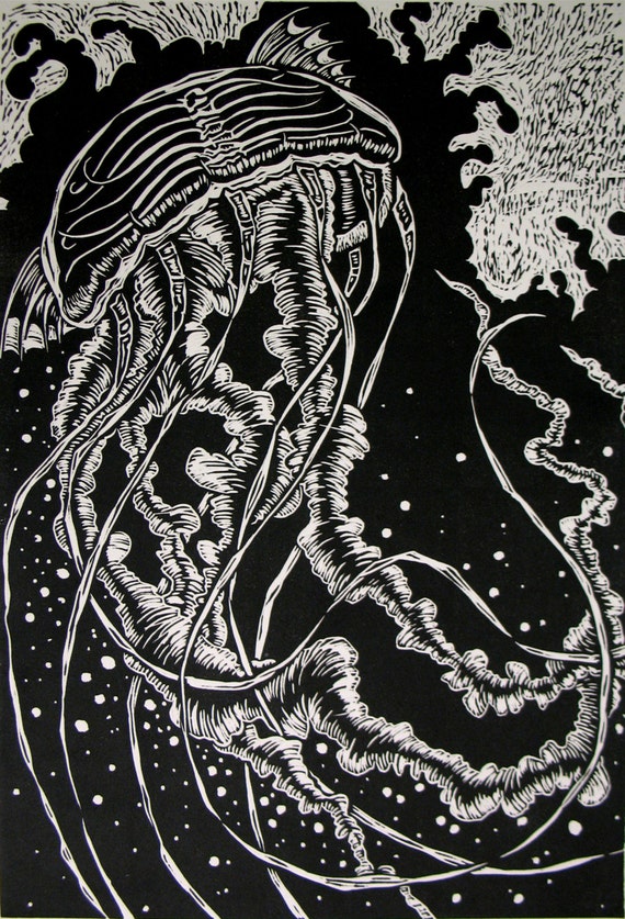 Jellyfish print linocut