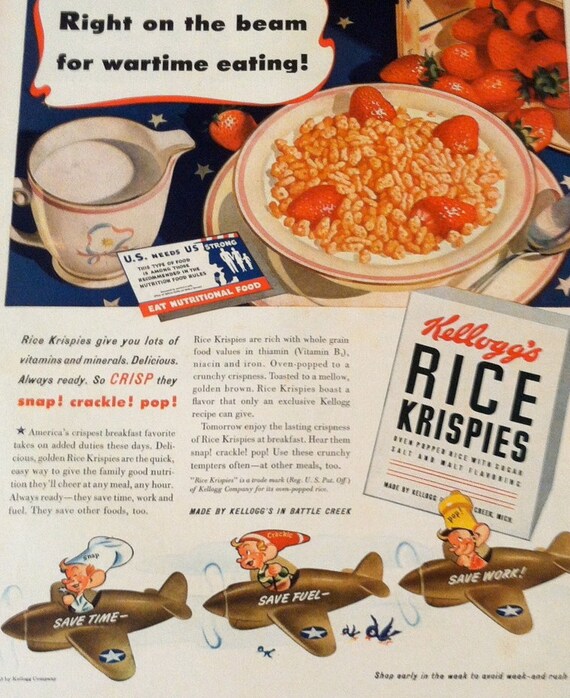 Vintage 1940s Ad WWII WW2 Rice Krispies Cereal War Time Ad