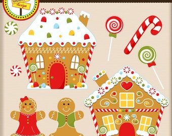 Gingerbread Clipart - Gingerbread Houses and People Clip Art - Christmas Clip Art - Personal and Commercial Use - Card Design - Scrapbooking