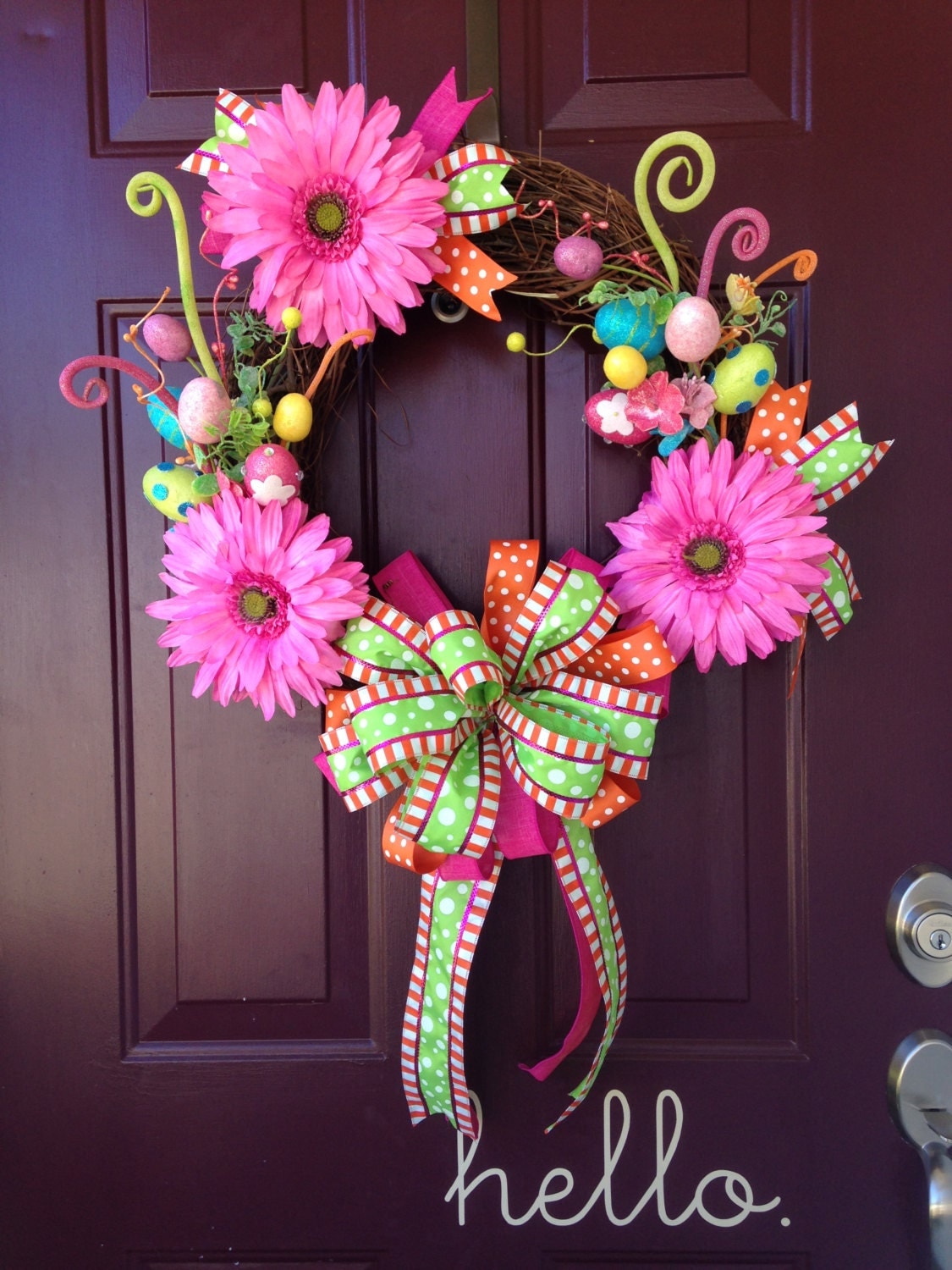 Bright Easter Wreath with Gerbera Daisies and Whimsical Ribbon