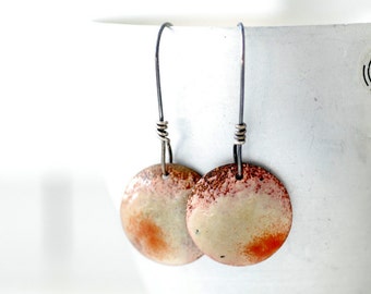 Enameled Copper Earrings, Cream and Red Earrings, Geometric Earrings, Circle Earrings, Rustic Earrings, Copper, Silver, Dangle Drop Earring