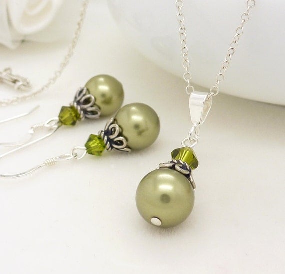 Olive Green Bridesmaid Jewelry Set Sterling silver Green