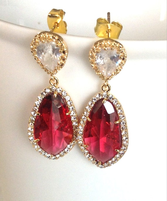 Ruby Earrings : Wedding Studs Earrings ruby glass with cubic zirconia ...