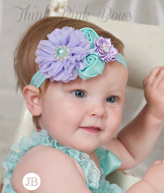 Lavender and Aqua Baby headband, baby headbands, girls headbands,newborn headband, Flower baby headband, Easter Headband, Hair Bows. # 8 by ThinkPinkBows