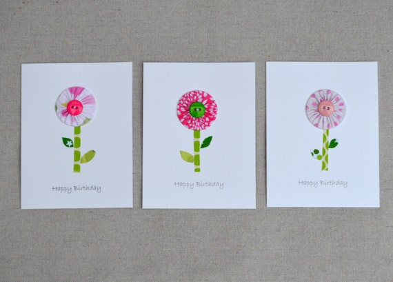 3 Happy Birthday Cards / set of 3 fabric flower cards / fabric cards / handmade cards / children's birthday card