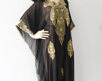 Amazing Moroccan Black Sheer Chiffon Caftan Gold Embroidery Dubai Abaya ...