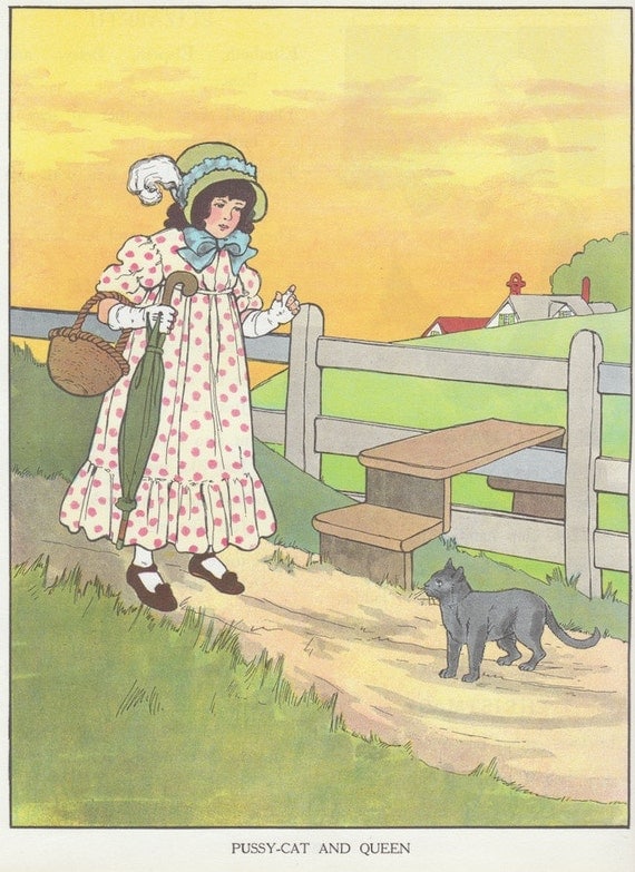 Vintage Nursery Rhyme Wall Art Pussy Cat And Queen Mother Goose
