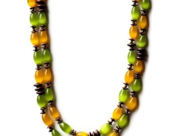 Extra Long Green Yellow Flapper Necklace, Handmade, Multi Strand Wrap Necklace, Colorful Cat's Eye Beaded Necklace