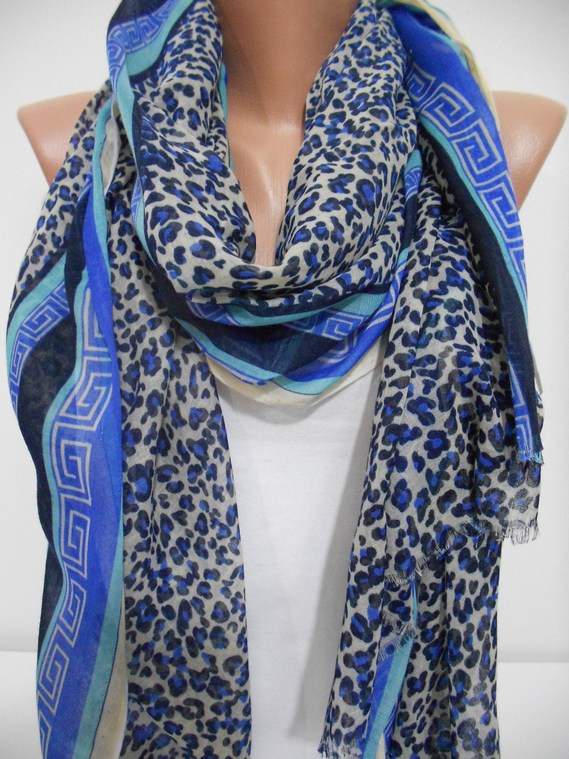 Leopard Scarf Women Cowl Scarf Navy Cobalt Blue Scarf Animal