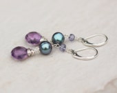 Purple Gemstone Earrings, Amethyst Earrings, Purple Earrings, Amethyst and Pearl Earrings, Long Dangle Earrings, Purple Dangle Earrings
