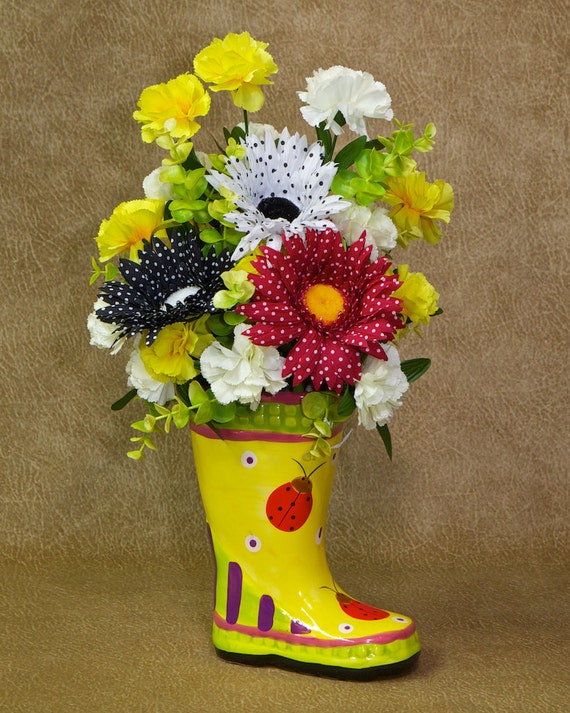 Polka Dots and Lady Bugs Ceramic Rain Boot Vase