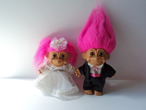 Troll Dolls Bride Groom Wedding 1990's Toys Hot Pink Hair