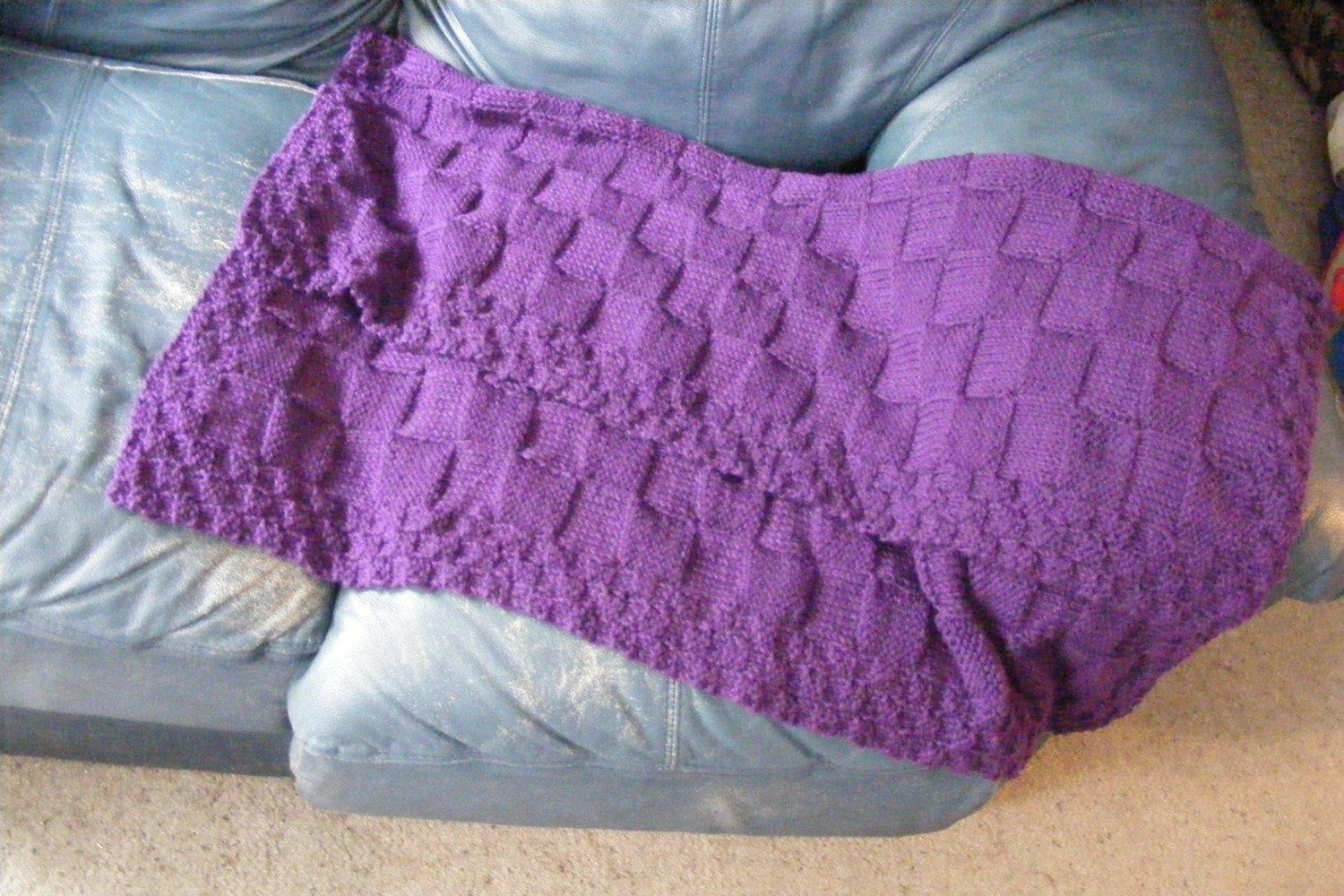 Checkerboard Afghan Knit Dark Purple 42 inches square