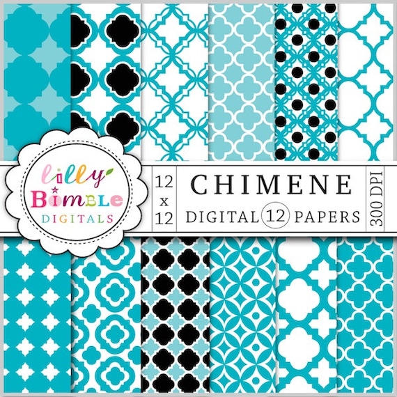 80% off Quatrefoil digital scrapbooking papers in blue, black, lattice, cathedral patterns digital download Il_570xn