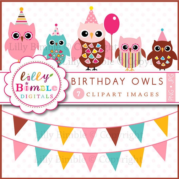 Birthday Owls with Bunting Banners clip art brown by LillyBimble