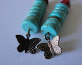Earthy Bohemian Turquoise and Red Coral Brass Butterfly Dangle Earrings SydneyAustinDesigns