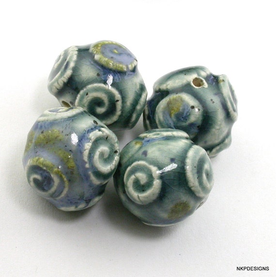 Teal Blues Swirl Sprig Ceramic Beads