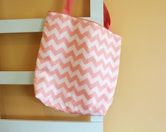 SALE GEOMETRIC coral chevron Tote Bag PETUNIAS- diaper bag purse market tote library gym sack gift baby shower nappy everyday ready to ship