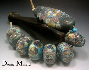HANDMADE LAMPWORK GLASS Bead Set Donna Millard rustic relic assemblage turquoise black brown gold autumn fall winter