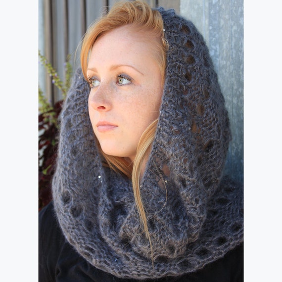 Gift for Her, Women's Knit Scarf, Infinity Hand-Knit Scarf with Sequins - Mohair and Silk Cowl Snood, Charcoal Grey