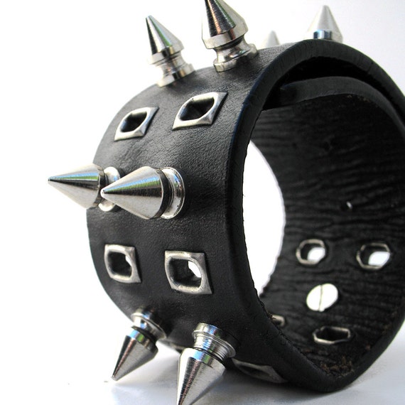 Heavy Metal Black Leather Cuff Bracelet with Silver Spikes