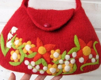 Felted bag purse red wool handbag shoulderbag hand knit needle felt flowers