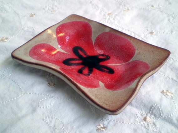 Red Flower Pottery Dishes, Serving Plate, Spoon Rest, Candle Holder, Soap Dish, Jewlery Holder, Handmade