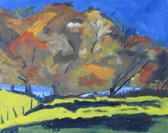 Art Plein Air Small Landscape Oil Painting Original Impressionist Appalachian Tree Quebec Canada By Fournier " Fall On A Blue Sky 10" x 12"