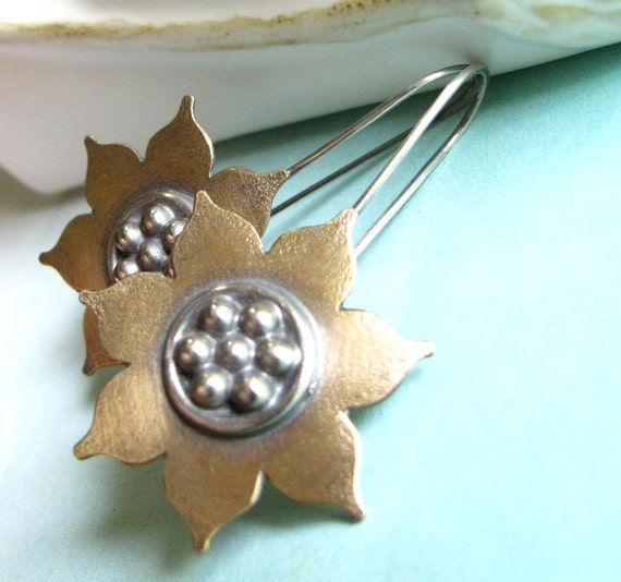 Golden Lotus Earrings Bronze And Sterling Silver Mixed by Mocahete
