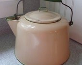 Vintage cream and green enamelware enamel ware tea kettle pot