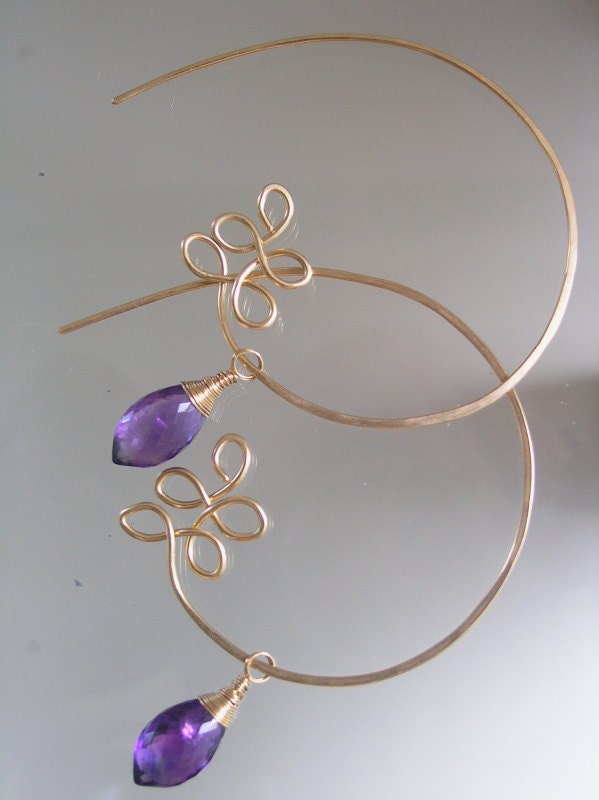 Amethyst Gold Filled Hoop Earrings with Petals Sculptural