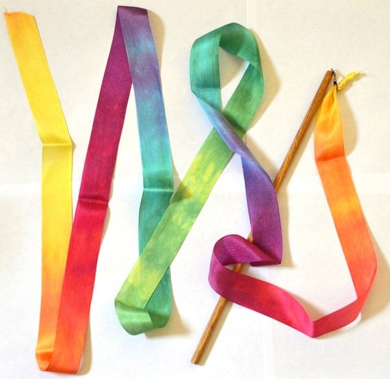 Hand-dyed silk ribbon stick wand Double Rainbow