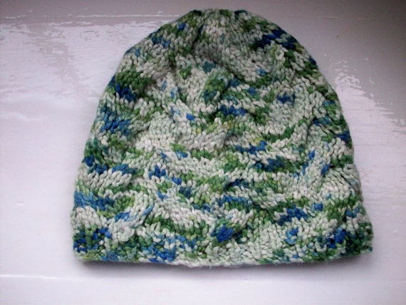 Girl's vegan cotton knit cable beanie green blue by SpinningStreak