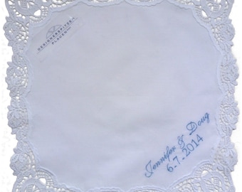 Beautiful Plauen Lace Personalized Hankie Embroidered with Name or Monogram and Wedding Date