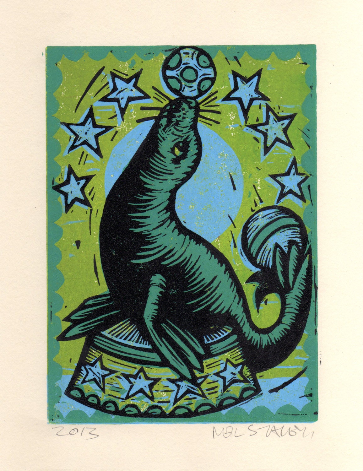 Seal Art Linocut Print Home Decor Childrens Room