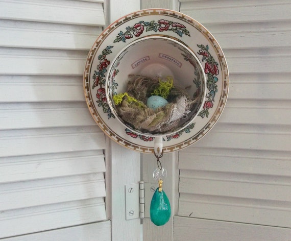 Upcycled Recycled Vintage Hand Painted Oriental Teacup Saucer Bird Nest Eggs Inspirational Words Altered Art Wall Decor Rustic Farm House