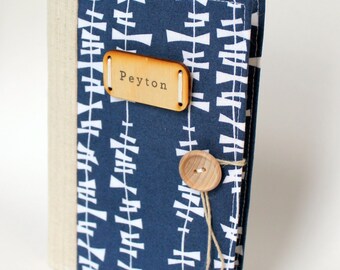 personalized brag book photo album Lotta Jansdotter linen stamped wood