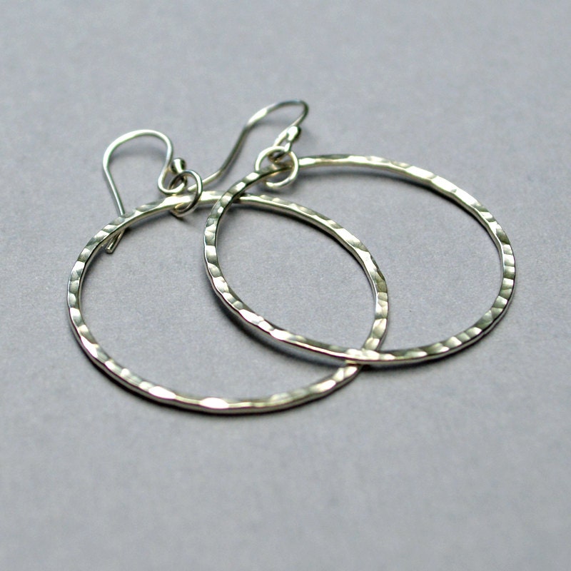 Sterling Silver Dangle Hoop Earrings Hammered Modern