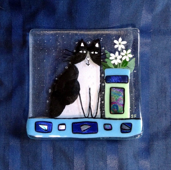 Cat Art Fused Glass Plate/ Black & White by SusanFayePetProjects