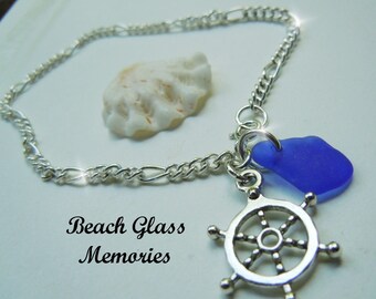 Sea Glass Bracelet, Blue Beach Glass Ship's Wheel Jewelry