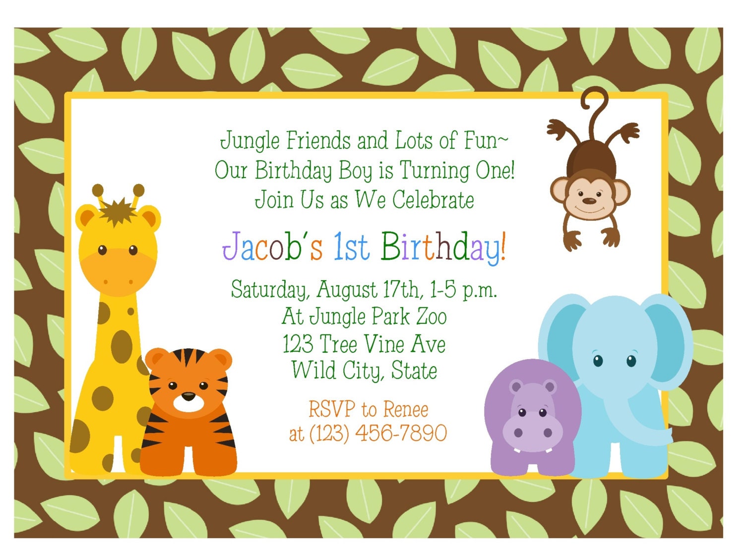 JUNGLE ANIMALS 1st Birthday Invitation/ Baby Shower