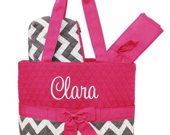Personalized Diaper Bag Chevron Hot Pink Gray Quilted Monogrammed