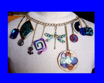 Dragonfly, Dangles and Doodads Bib Necklace Vintage Reconstruction of Old Jewelry Pieces