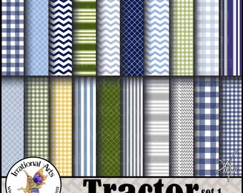 Tractor set 1 with 20 jpg files Digital scrapbooking papers in blue, grey, green + yellow - chevron, stripes & gingham {INSTANT DOWNLOAD}