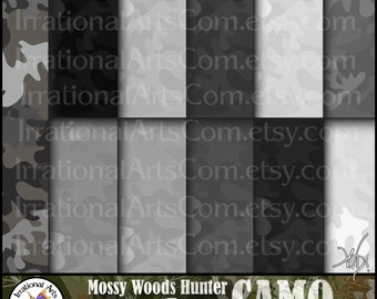 INSTANT DOWNLOAD Mossy Woods Hunter Grey CAMO set 3 with 12 jpg files Digital scrapbooking papers camo