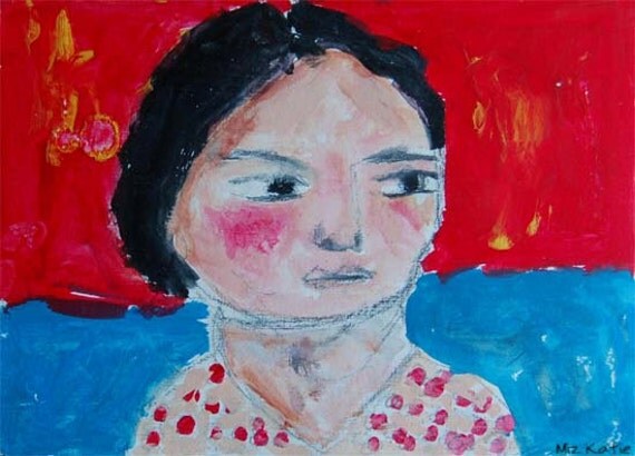 Acrylic portrait painting, 5x7, Hindsight is 20 20, Girl, Black Hair, Red, Polka Dots, Blue, Original, Watercolor Paper