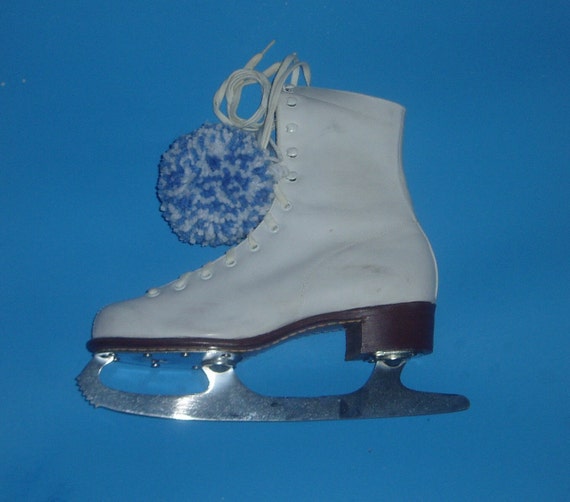 Vintage 50s Pair of White Ice Skates Blue Pom Pom by princessfluff