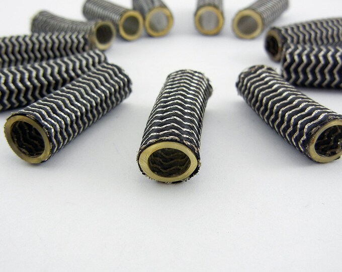 12 Woven Over Acrylic Tube Beads Chevron Design Black and Silver