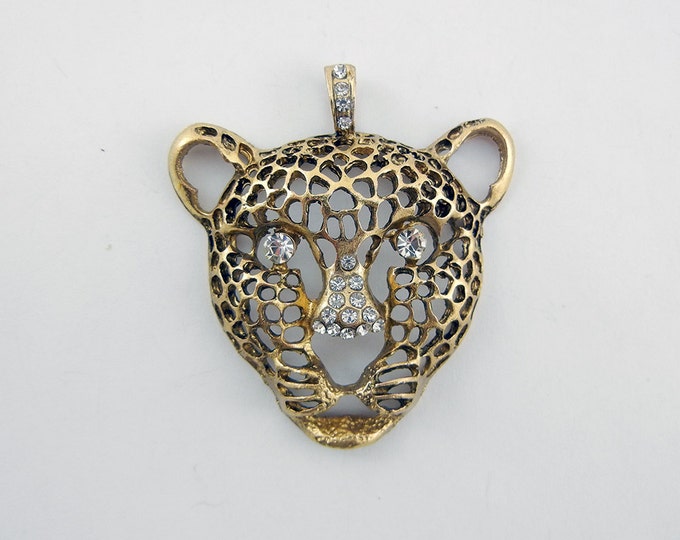 Open Work Filigree Leopard Head Pendant Antique Gold-tone Rhinestones